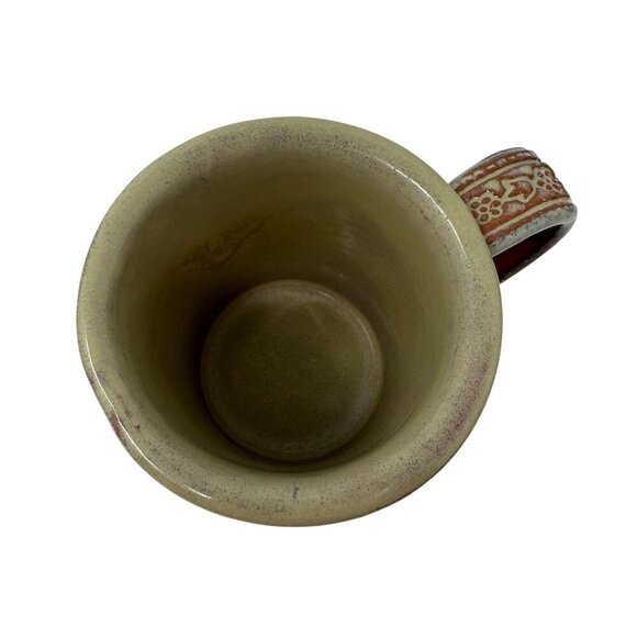 Handcrafted Ceramic Coffee Mug Redware Drip Glaze Rustic Cross Floral Handle - Picture 6 of 16